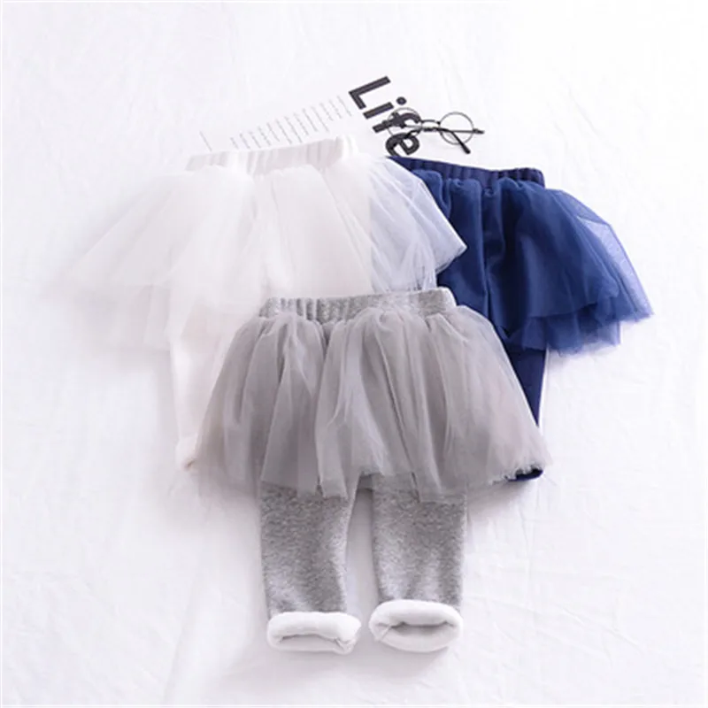 Осень зима 2018 леггинсы для девочек теплые плотные сетчатые поддельные 2 шт.