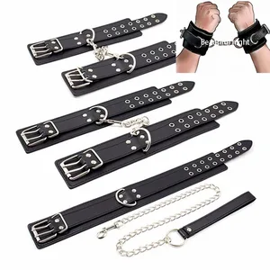 Кожаные наручники, повязки на лодыжку и ошейник для БДСМ с поводком, набор для бондажа, секс-игры, игрушки для взрослых