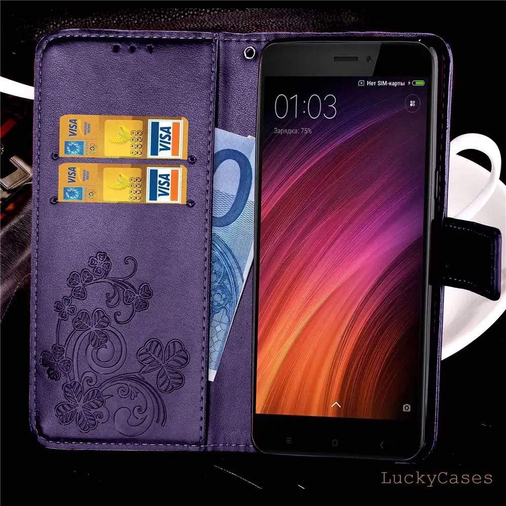 Lucky Clover чехол для телефона Xiaomi Redmi 4x тисненая цветная Кожа Флип Ретро кошелек с