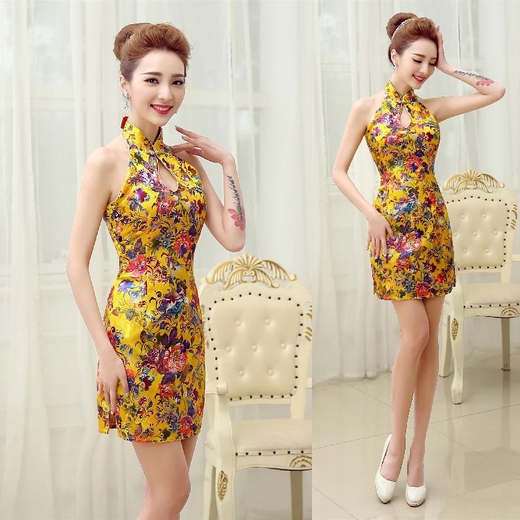 

1pcs/lot short cheongsam print slim cheongsam fashion halter-neck satin dress satin short low vent cheongsam