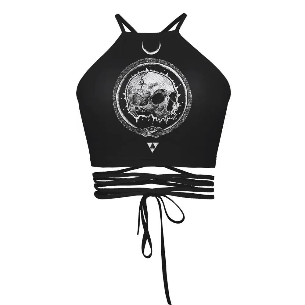 2019 summer women's print terrorist skulls ladies sexy causal strappy halter bandage midriff crop camis tops for girls sun-top | Женская