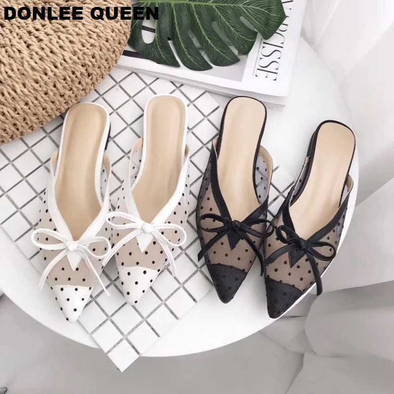 Женские шлепанцы на плоской подошве DONLEE QUEEN кружевные с острым носком в горошек