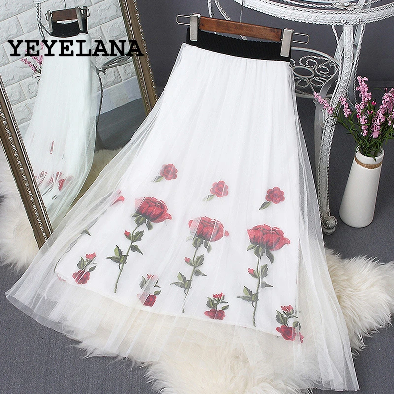 YEYELANA/2017 Женская юбка из тюля с вышивкой летние женские юбки до середины икры