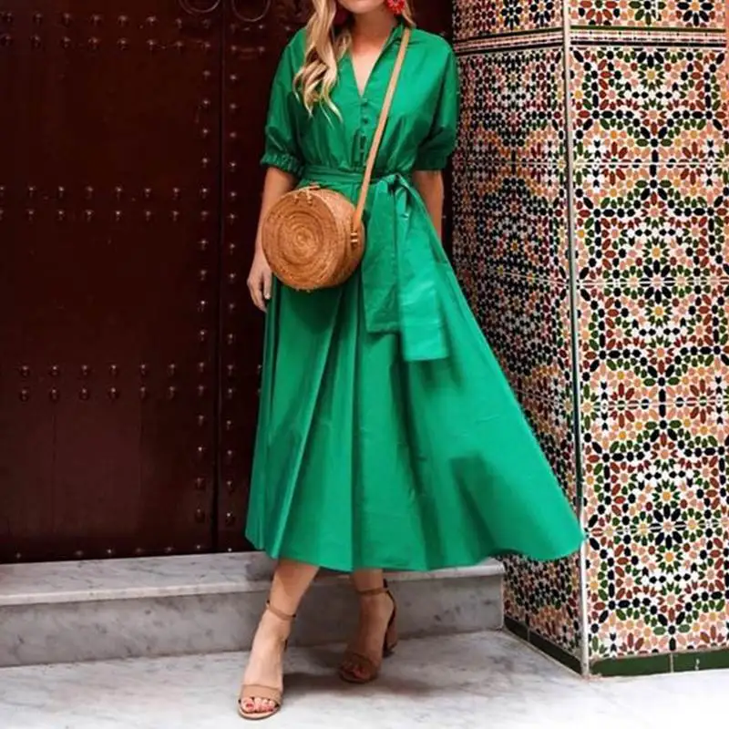 Женское длинное платье-рубашка с поясом, лето, сексуальное платье с v-образным вырезом и пуговицами, высокая талия, повседневные Элегантные вечерние платья макси размера плюс