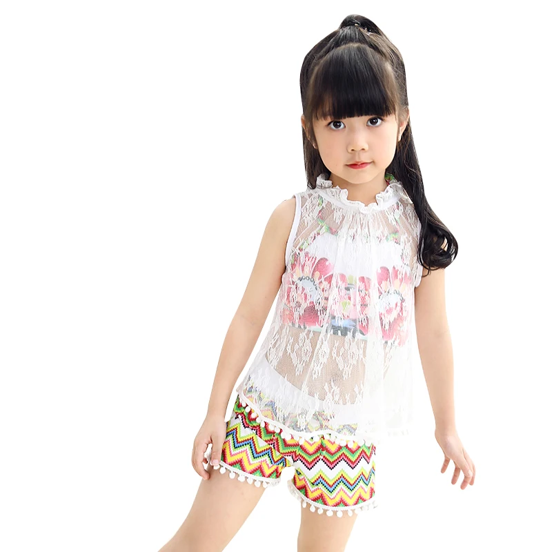 High waist Children's Two-Piece Suits White lace cover-ups 2018 new Girls swimsuit Beach cute print swimwear |