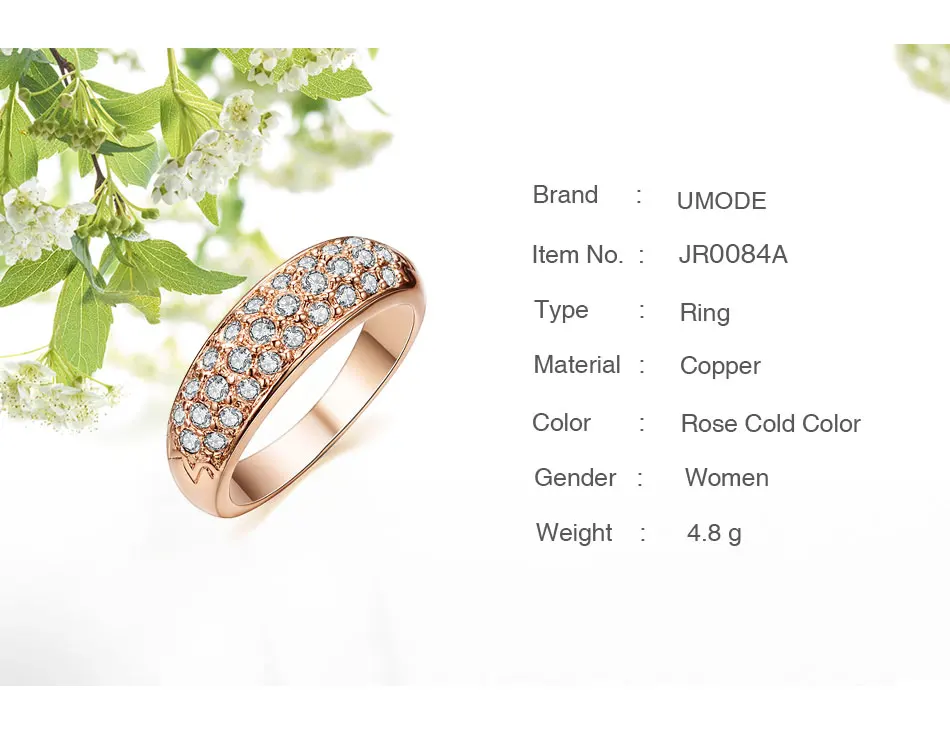 UMODE Классическое украшенное стразами кольцо с покрытием из розового золота 18к JR0084A