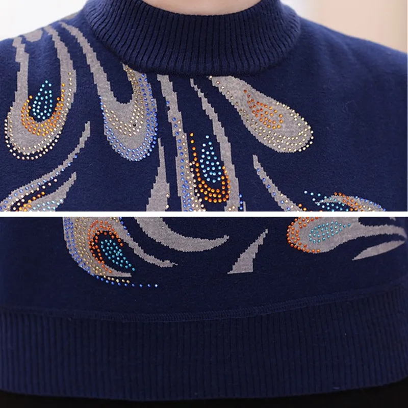 Women Autumn Winter Knit Sweater Bottoming shirt Flocking Warm Middle aged Female Pullover Plus size Diamond Sweaters OKXGNZ1299 | Женская