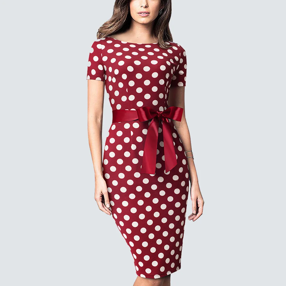 Red Женское элегантное платье-карандаш в горошек с круглым вырезом, винтажные узкие Повседневные Вечерние платья с бантом, летнее платье HB536 - Цвет: Red