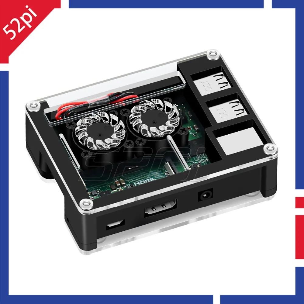 52Pi акриловый пластиковый корпус с дополнительным 3B + версия Dual Fan Heatink 5V 2.5A адаптер