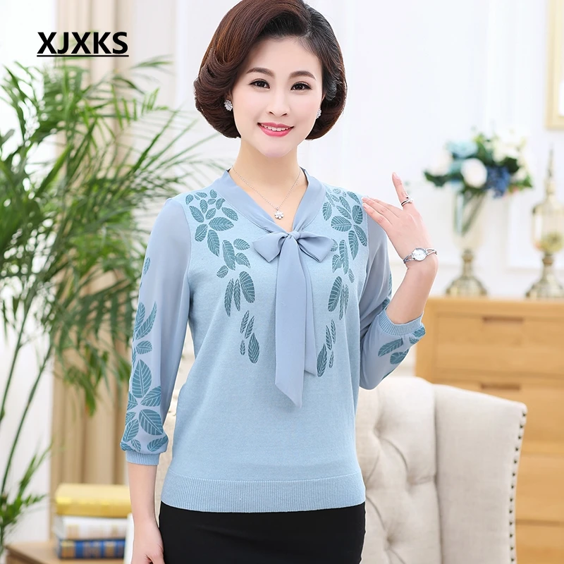 XJXKS Blusa Feminina, весенние и летние топы, верх размера d, трикотаж, подарок для матери, шифоновая блузка с рукавом размера плюс, женская блузка - Цвет: Синий