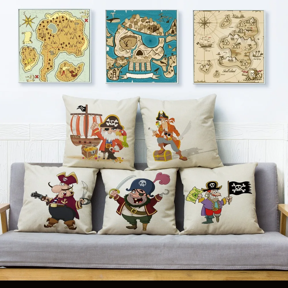 

Cartoon Pirate and Treasure Chest Throw Pillow Cover 45*45cm Cushion Covers Linen Pillows Cases Sofa Home Decor Pillow Case