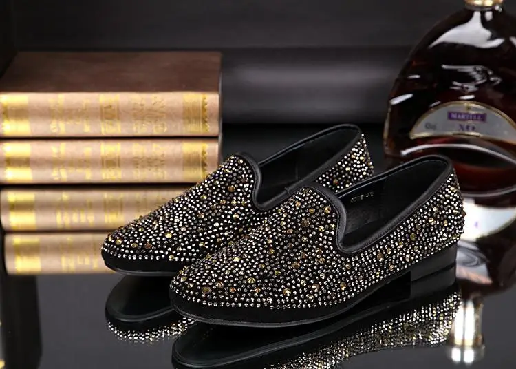 Новинка; Трендовые туфли с круглым носком; sapatos masculino; Цвет Черный; золотые мужские туфли-лодочки со стразами; оксфорды; замшевые свадебные туфли; - Цвет: as pic