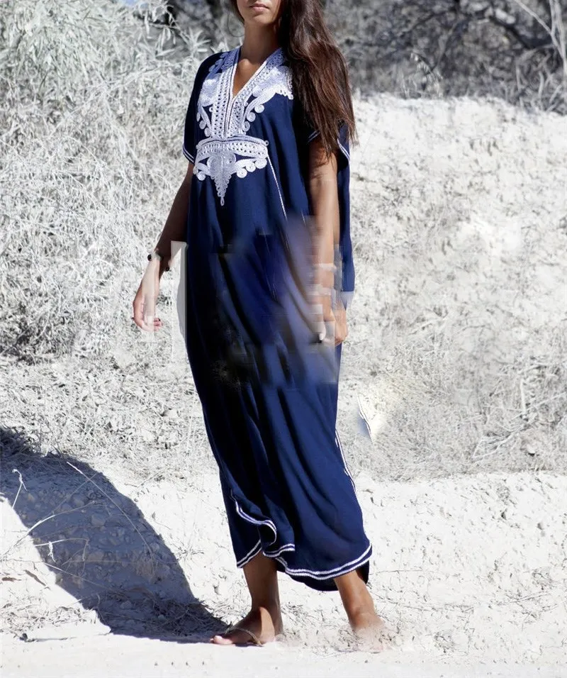 Женское хлопковое пляжное платье кафтан Длинное Макси с вышивкой пляжный