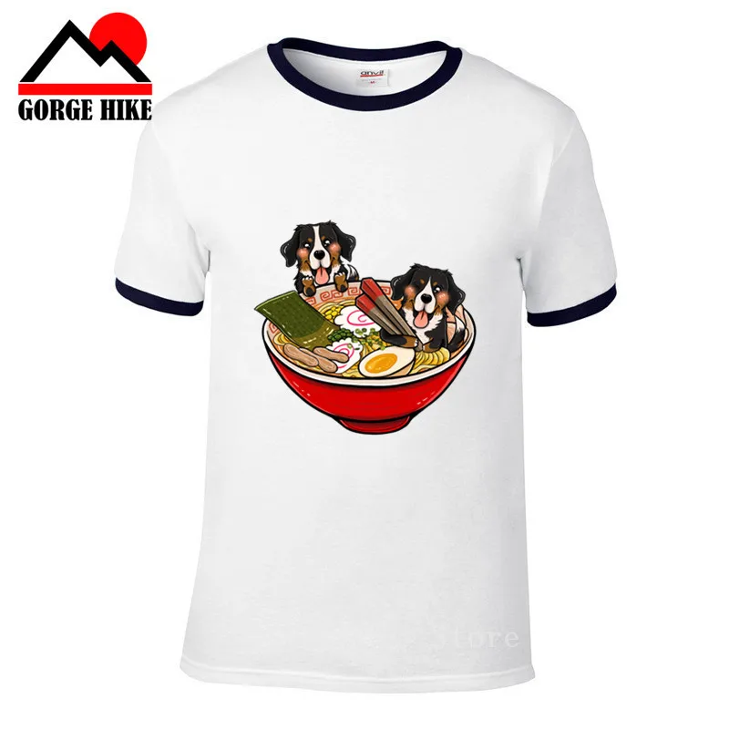 Funny Cute Men T-shirts Bernese Mountain Dog Japanese Ramen Tops Print Tees Summer Holiday Clothes Cotton Tropical Style TShirt | Мужская