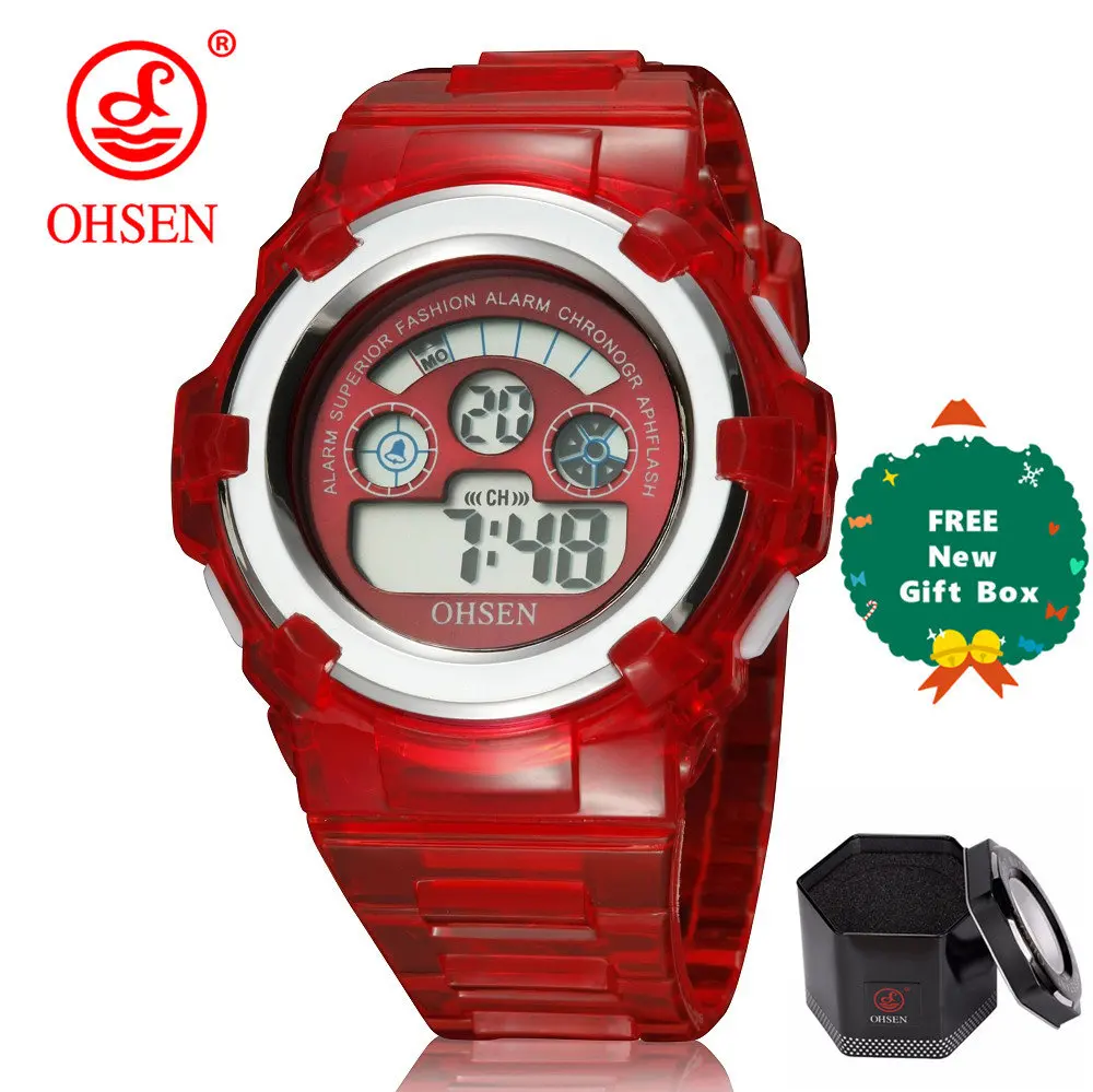 Red plus gift box OHSEN детская цифровые спортивные часы непромокаемые детские часы Студенческая Девушка Модные наручные часы будильник многофункционал - Цвет: Red plus gift box