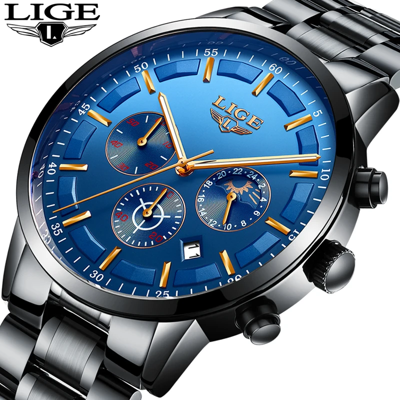 LIGE Watch Men Sport Quartz stainless steel Mens Watches Brand Luxury Waterproof Business Calendar WristWatch Relogio Masculino