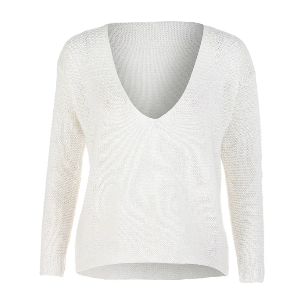 Женский свитер с длинным рукавом однотонный белый короткий вязанный v-образный