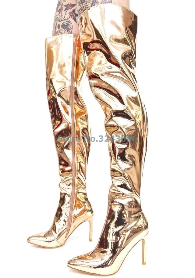 Сапоги выше колена с острым носком; цвет розовый, золотой, серебряный; высокие сапоги из лакированной кожи с зеркальным эффектом на шпильке; обувь для ночного клуба