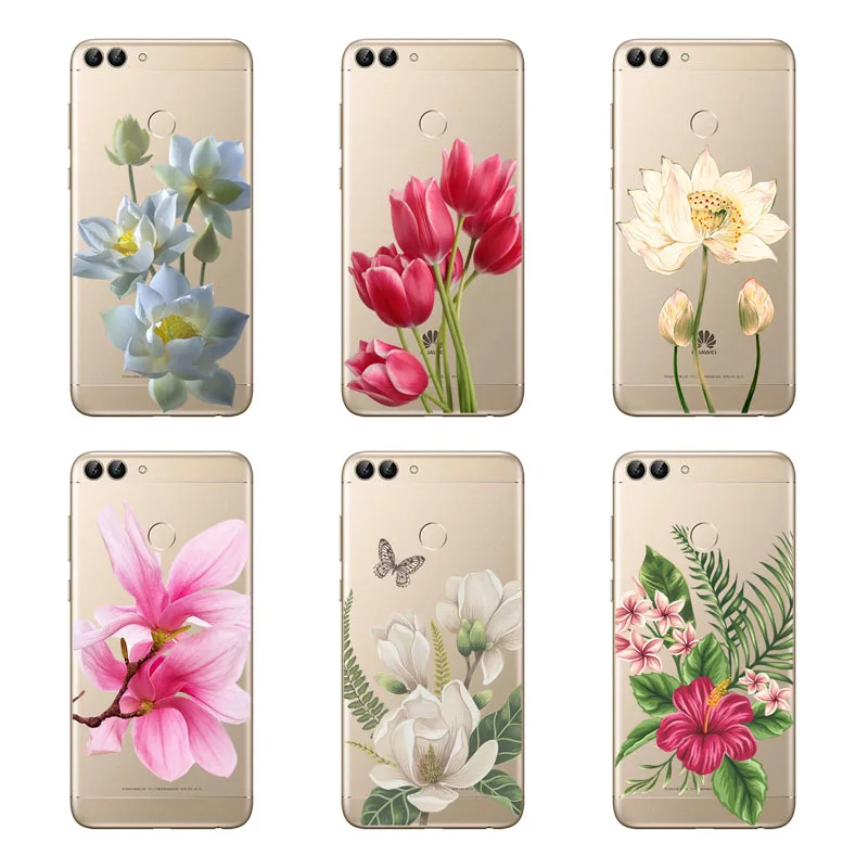 Huawei p smart Case силиконовый черный чехол с цветочным рисунком мягкая задняя крышка из
