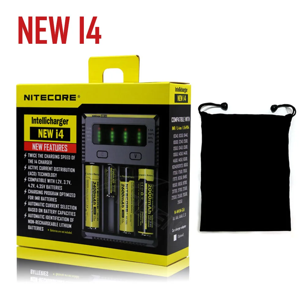 I4 with bag Бренд Nitecore I2 I4 Digi зарядное устройство lcd интеллектуальная схема Li-Ion для 26650 18650 18350 16340 14500 автомобильное зарядное устройство - Цвет: I4 with bag