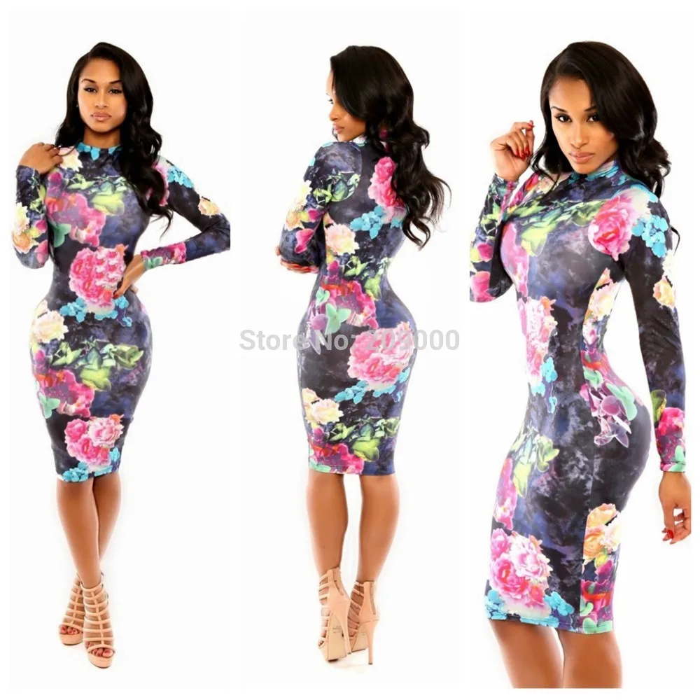 Hot-selling New Fashion Style Colorful Flower Print Bandage Dress knee-length Full Sleeve O-neck | Женская одежда