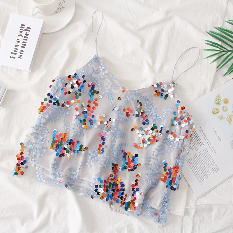 Летняя Кружевная Сетка Спагетти ремень Женская одежда v-образный вырез блуза с