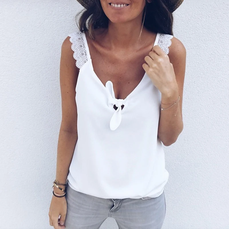 Повседневная майка Umeko с бантом на шнуровке без рукавов V-образным вырезом летняя
