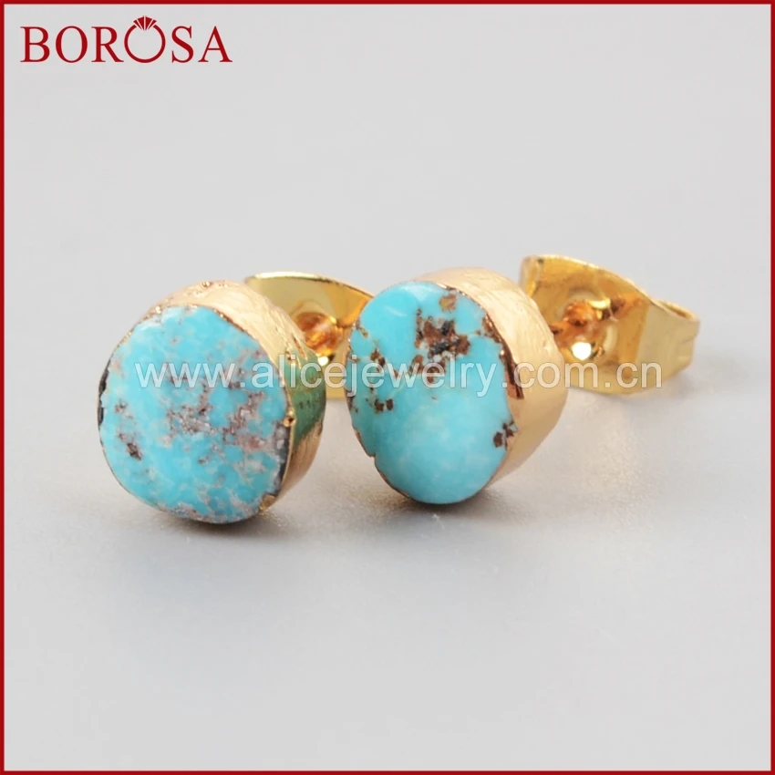 BOROSA синие серьги-гвоздики с драгоценными камнями натуральная бирюза Howlite серьги-гвоздики Druzy ювелирные изделия золотой цвет произвольной формы Drusy Ювелирные изделия G1017