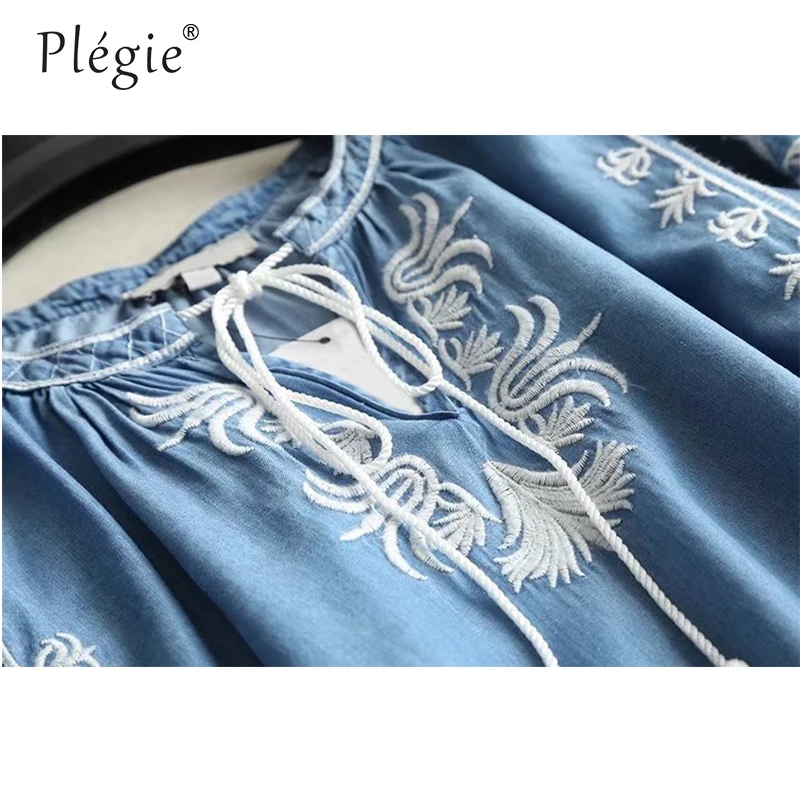 Plegie с вышивкой и бахромой джинсовые Блузы Mujer De Moda 2020 на шнуровке v-образным