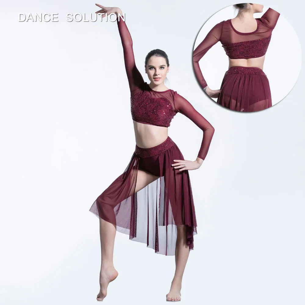 19600 Burgundy Sequin Crop Top with Shorts Attached Skirt Girl &amp Woman Contemporary Dance Dress Dancer Stage Performance Costume |