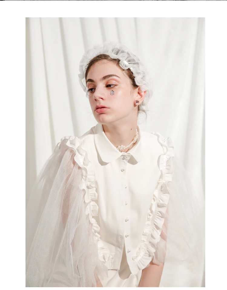 

Guesod 2018 Spring Summer Women Blouse Cloak Shining Mesh Patchwork Puff Sleeve Ruffles Pearl Blouse Top