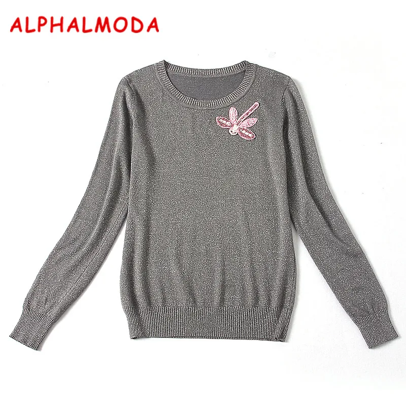 Женский пуловер с кристаллами ALPHALMODA свитер круглым вырезом и длинными рукавами