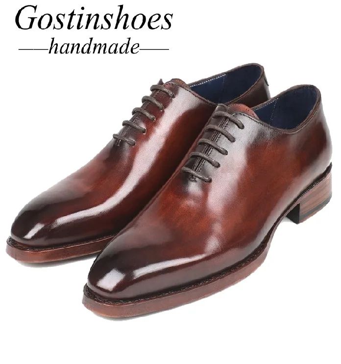 Коричневый GOSTINSHOES/Мужская обувь ручной работы Goodyear; коричневые оксфорды из натуральной кожи, Раскрашенные вручную, на шнуровке; SCZ020 - Цвет: Коричневый