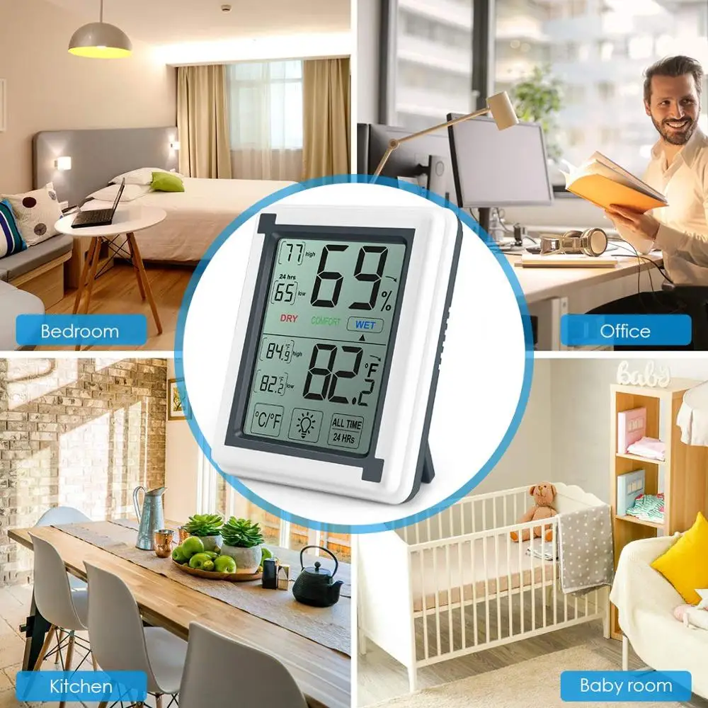 

Digital Hygrometer Indoor Thermometer, Accurate Temperature Humidity Monitor with Touch LCD Backlight, Humidity Gauge Meter