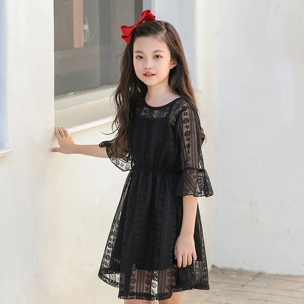 Girls Lace Dress Kids Girl Princess Party Black White Flare Sleeve Teenage Summer age 4 5 6 7 8 10 11 12 years | Детская одежда и