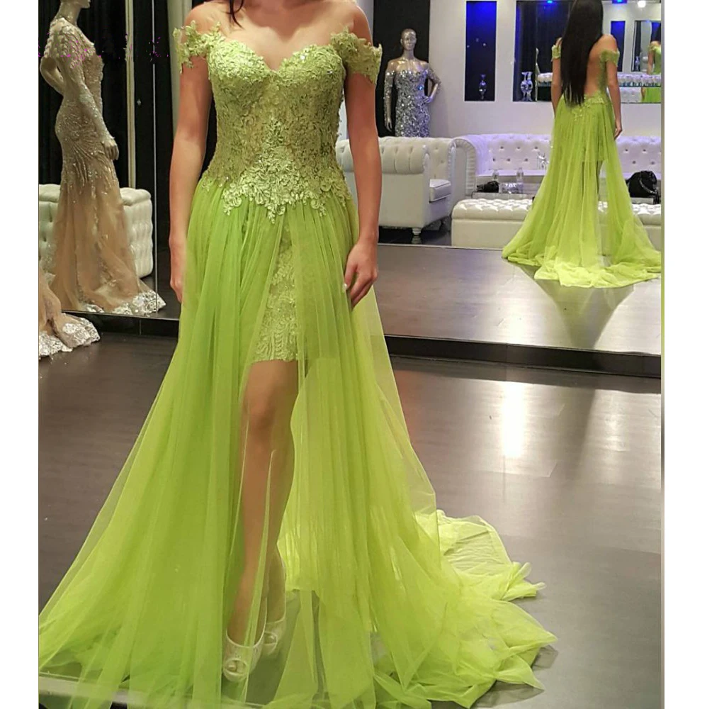 

Green Muslim Evening Dresses Off the Shoulder Illusion Lace Slit Tulle Islamic Dubai Saudi Arabic Evening Gown Long Prom Dress-i