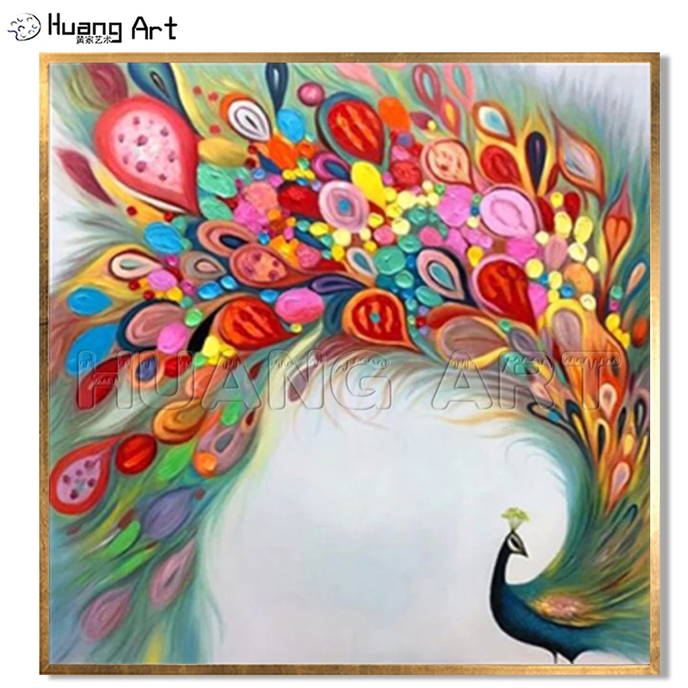 

Hand-Painted Beautiful Noble Peacock Oil Painting on Canvas for Home Decor Knife Modern Colorful Animal Painting Pink Peacock