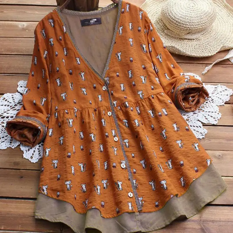 Women Blouses Shirts Print Cotton Flax Long Sleeve Blouse Loose Women's Tops New Arrival 2020 Spring Autumn Casual Female Shirt | Женская