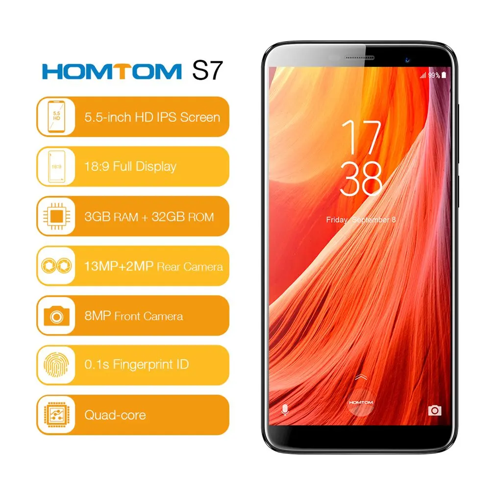 HOMTOM S7 4G 5 дюймов 18:9 1280*640 Экран 3 ГБ Оперативная память 32 Встроенная MTK6737