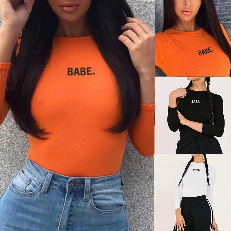 Модные, пикантные Для женщин Babe буквы Ползунки с длинным рукавом стрейч купальник Топы скинни с О-образным вырезом Одна деталь хлопковый комбинезон; Цвет черный, оранжевый