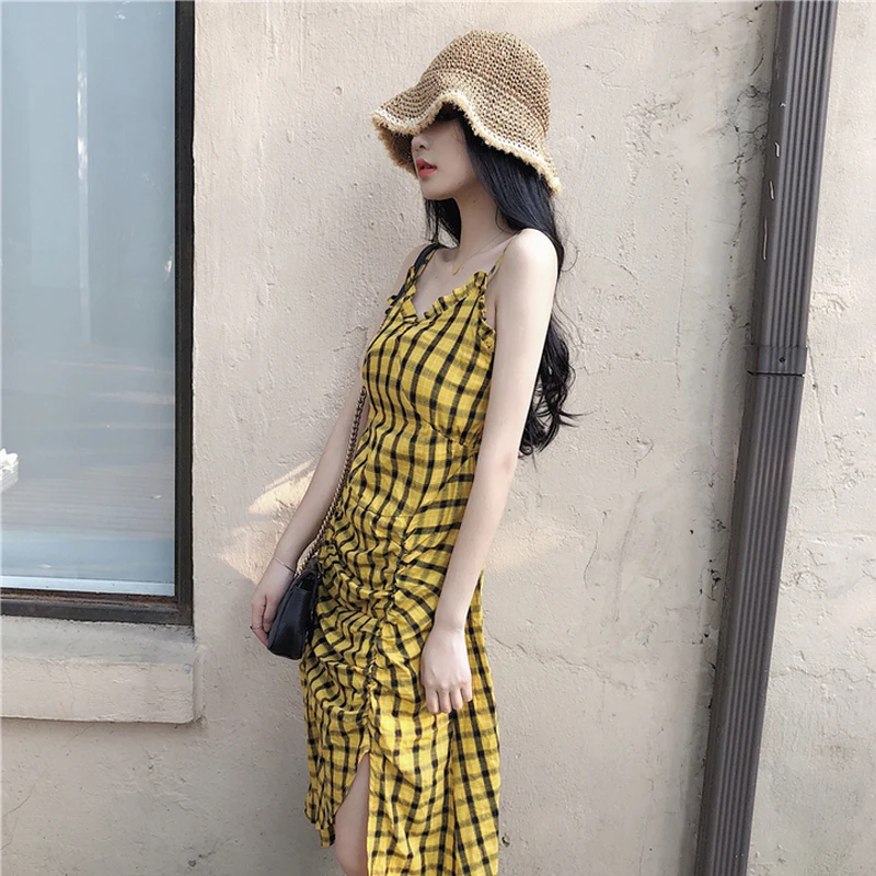 2018 женское платье Новый Летний Тонкий модное в клетку без рукавов с v-образным