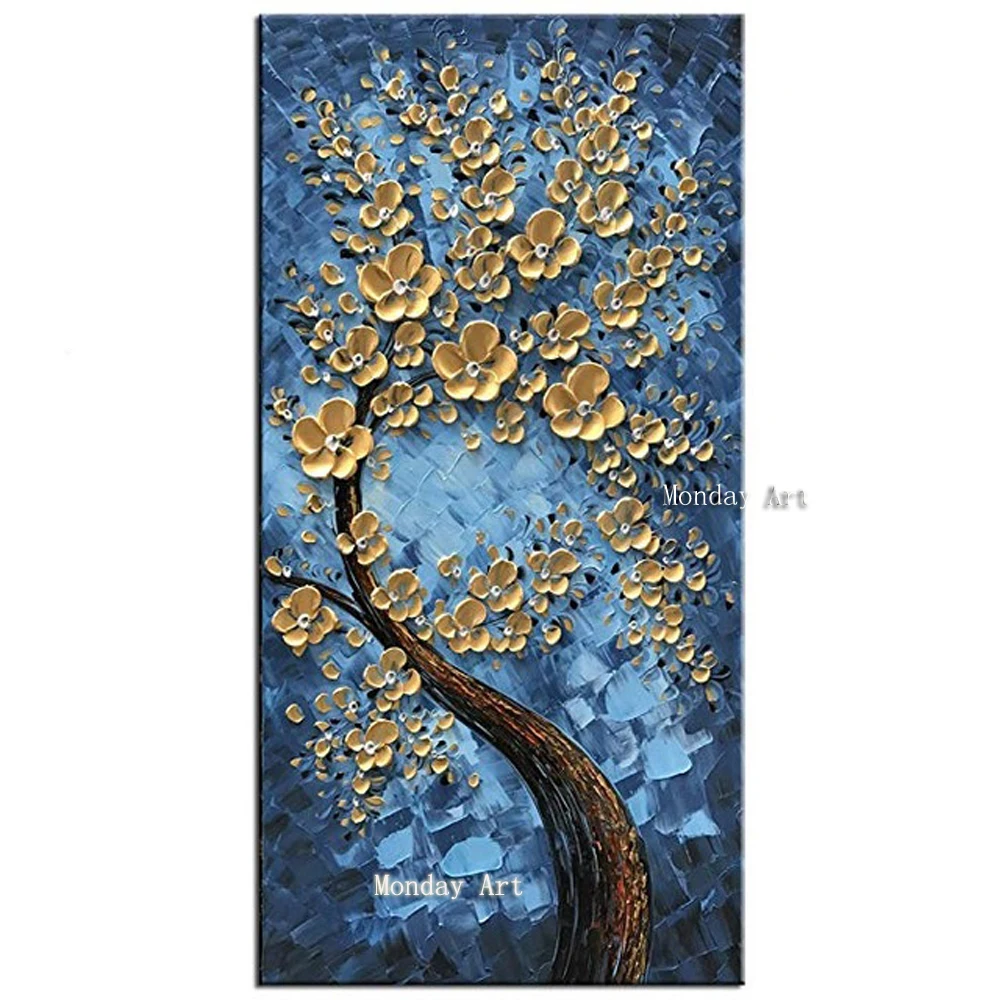 

Hand Painted Textured Palette Knife Golden Flower Oil Painting floral wall art Modern Canvas Wall Art Living Room Decor Picture