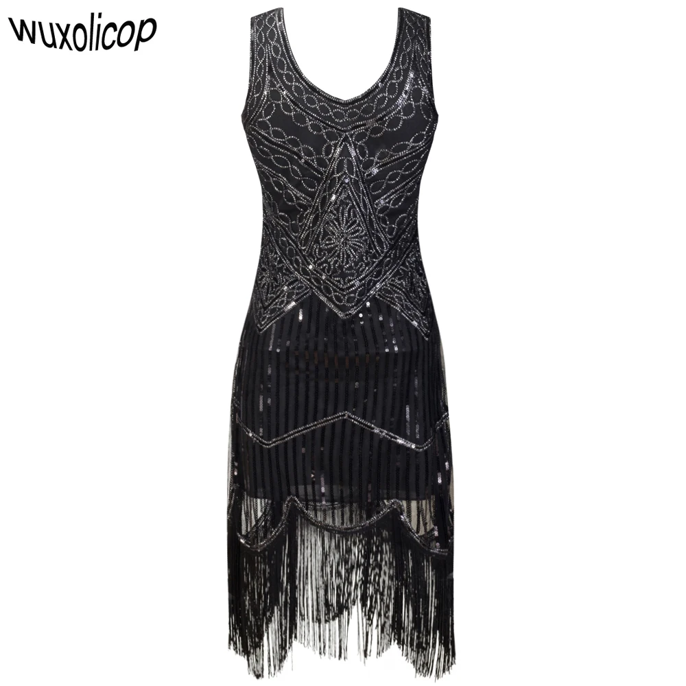Женское платье для вечеринки, Robe Charleston 1920s Great Gatsby, платье миди с блестками и бахромой, летнее черное платье в стиле ретро