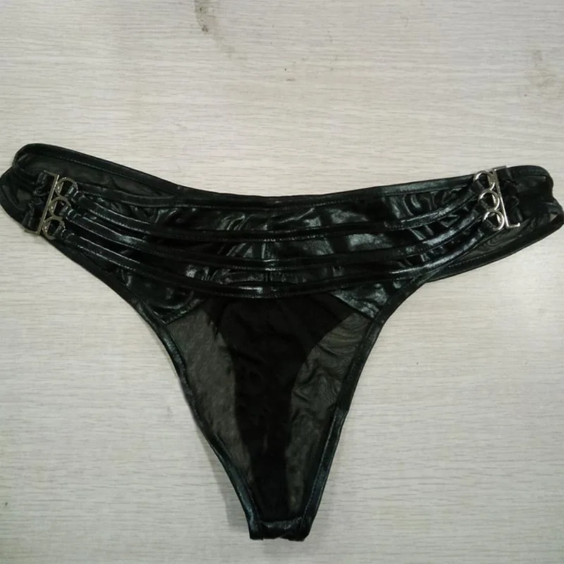 Men Open Crotch Thong Leather G String Underwear Low Waist Lingerie Homme Hollow Out Gay Jockstrap Male Black Vinyl Underpants