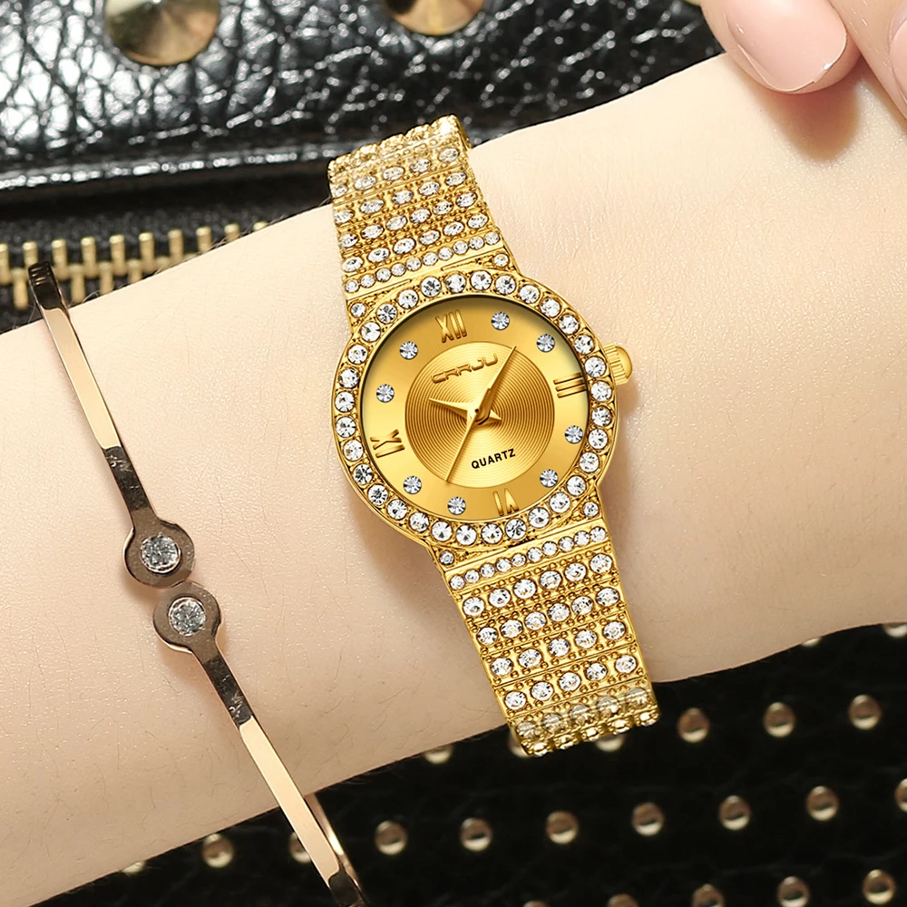 

CRRJU Top Brand Quartz Watch Famous Brand Bu Diamond Watch Stainless Steel Timepiece Women Golden Clock Ladies Designer Watch
