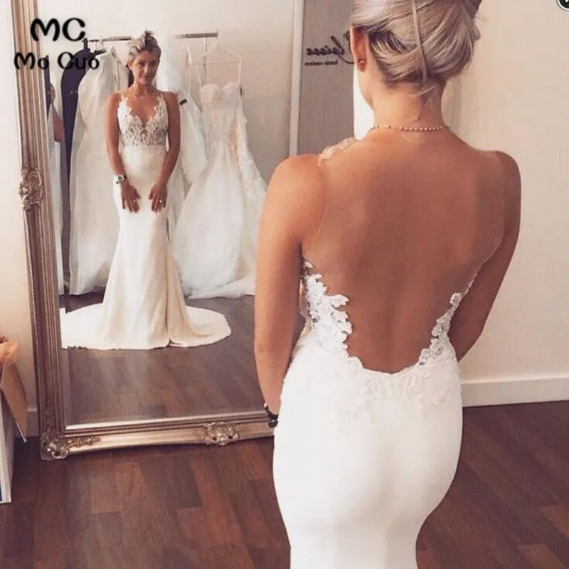 Иллюзия Свадебные платья русалки Vestido de noiva с v-образным вырезом кружева аппликация халат de soiree посмотрите на Дешевое платье невесты, свадебное платье