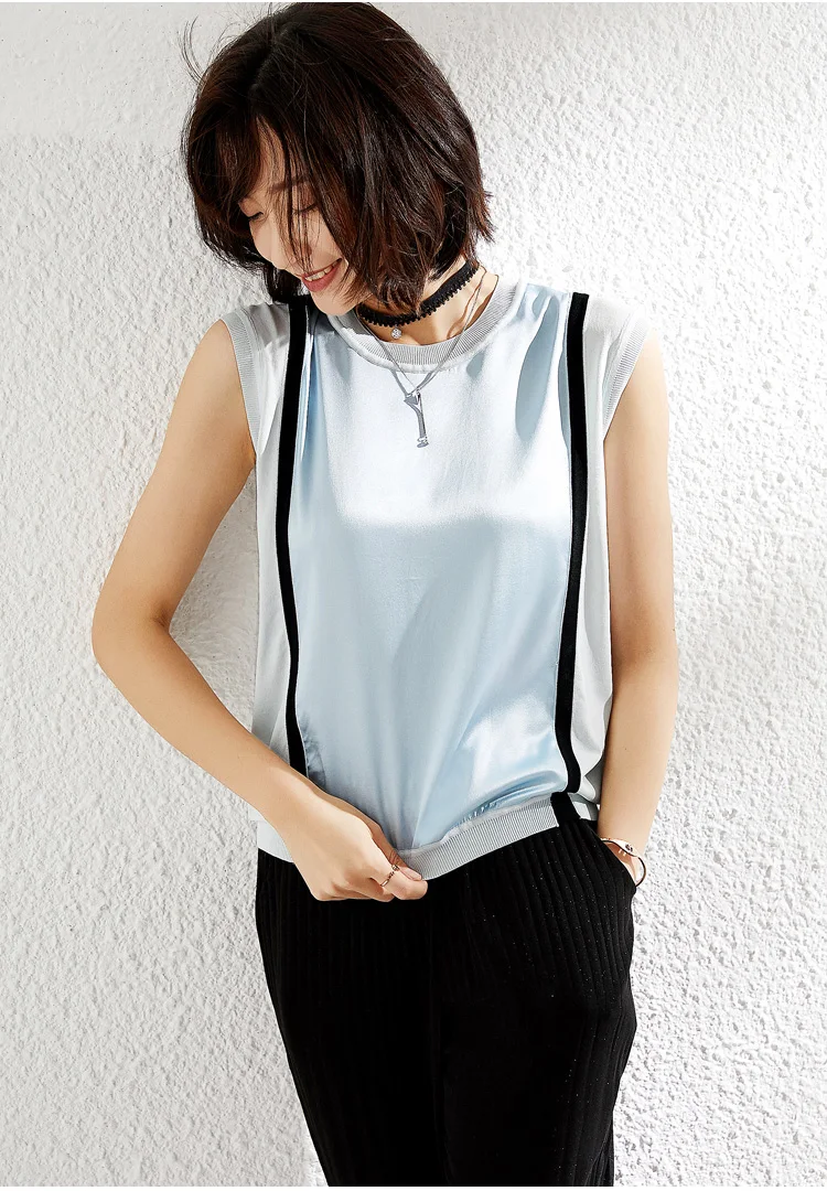 Мягкий пятностойкий шёлк футболка летня желтая Для женщин небесно-голубого