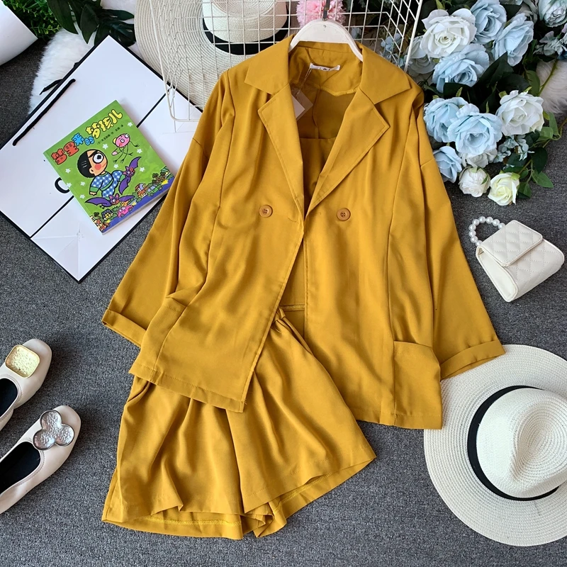 ALPHALMODA Лето Осень женский жакет с длинным рукавом+ топ на бретельках+ шорты повседневный комплект из 3 предметов женский однотонный наряд - Цвет: Цвет: желтый