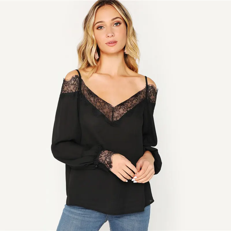 SHEIN Элегантный Топ С Открытыми Плечами И Кружевной Отделкой, Ажурный Топ С Длинными Рукавами