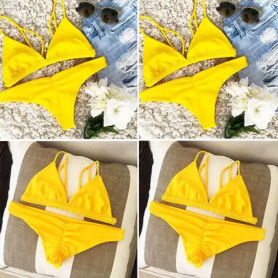

2017 New Summer Sexy Womens Padded Bra Push-up Solid Yellow Bikini Set Low Waist Swimsuit Bathing Suit Swimwear Beachwear